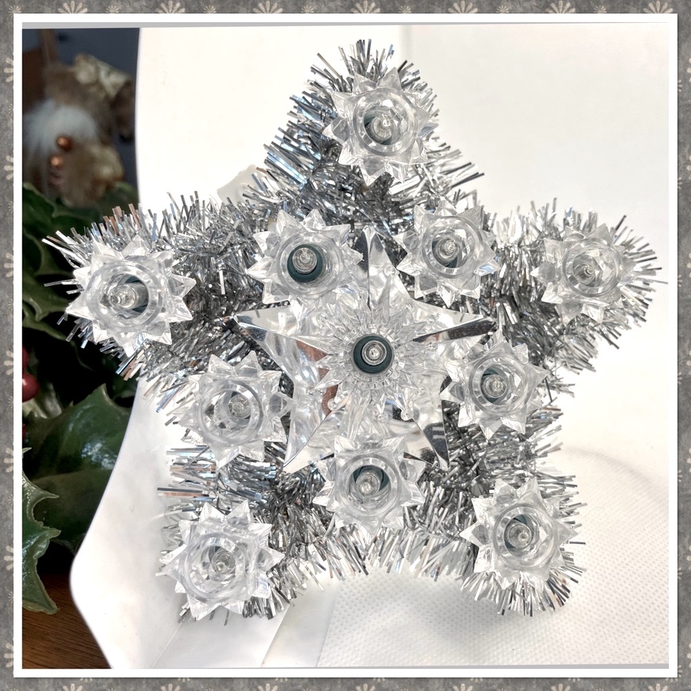 Small Silver Tinsel Star Tree Topper Vintage